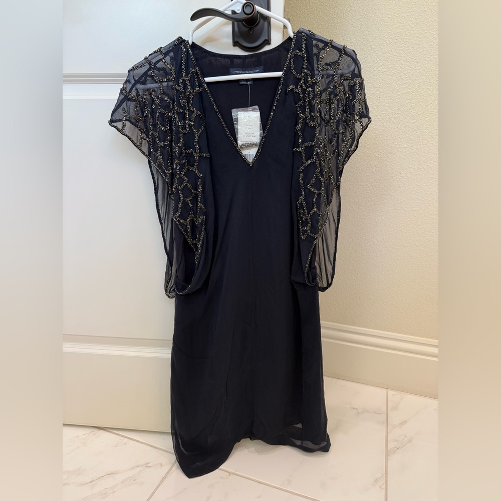 French Connection Elegant Black Dress with Beaded Overlay